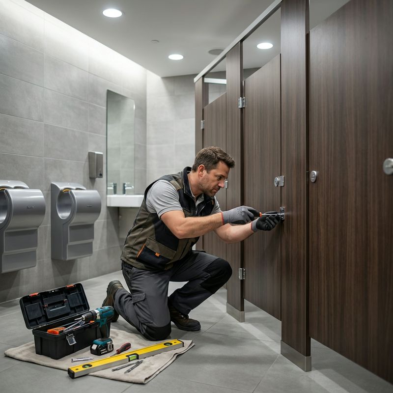 Handwerker kniet in einer öffentlichen Toilette und repariert die Türverriegelung einer Kabinentür